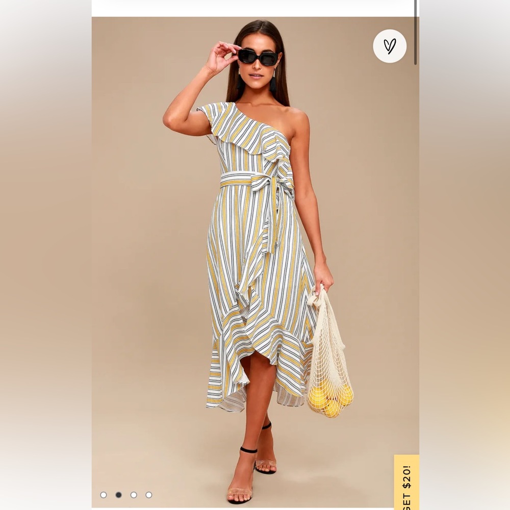 NWOT Lulus Midi Dress High Tide One Shoulder Yellow Striped XS